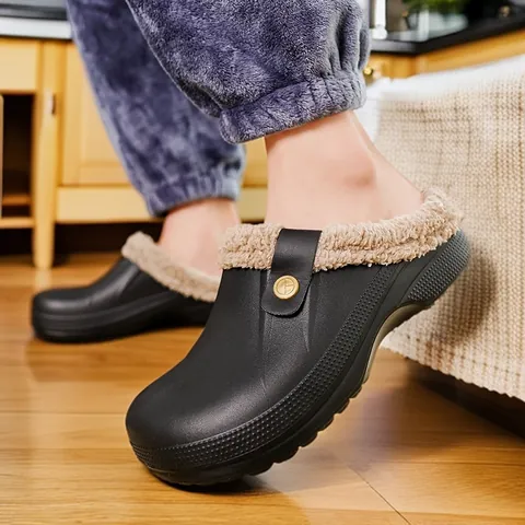Unisex Winter Warm Plush Lined EVA Waterproof Slippers Anti-Slip Indoor Outdoor Cotton Home Shoes Plus Size Fashion Clogs