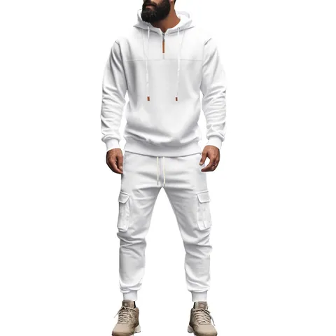Herren Casual Polyester Fleece Top Und Bottom Kapuze Cargo Tasche Sportswear Für Herbst Winter Outdoor Streetwear Herren Bekleidung