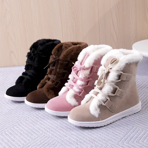 Bottes de Neige d'Hiver pour Femmes Doublées en Polaire Chaudes Bottes en Coton Plates à Lacets en Flanelle et Caoutchouc