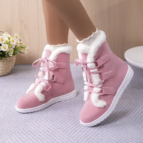 Bottes de Neige d'Hiver pour Femmes Doublées en Polaire Chaudes Bottes en Coton Plates à Lacets en Flanelle et Caoutchouc