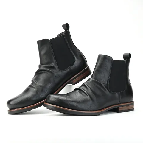 Men British Style Chelsea Boots Vintage Pleated PU Leather Ankle Boots Elastic Side Low Heel Casual Shoes