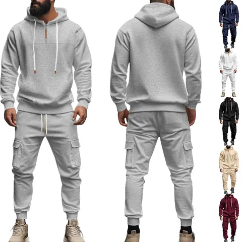 Herren Casual Polyester Fleece Top Und Bottom Kapuze Cargo Tasche Sportswear Für Herbst Winter Outdoor Streetwear Herren Bekleidung