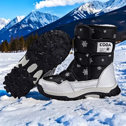 Kids Snow Boots Winter Waterproof Warm Fleece Lined Outdoor Boots Anti-Slip Snowflake Print Ankle Boots For Boys Girls