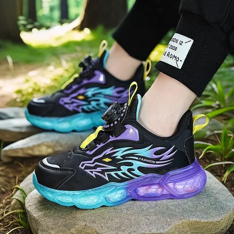Kids Boys Sports Shoes Synthetic Leather Mesh Sneakers Rotary Buckle Dad Shoes Flame Pattern Soft Bottom Student Outdoor Running Shoes