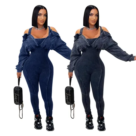 Women Sexy Cold Shoulder Washed Ribbed Knit Jumpsuit Long Sleeve Tight Fit Bodycon Romper Streetwear Fashion One Piece