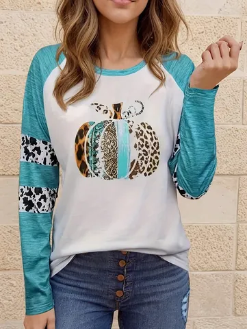 Women Pumpkin Print Raglan Long Sleeve T-Shirt Patchwork Color Block Round Neck Casual Fall Top For Halloween