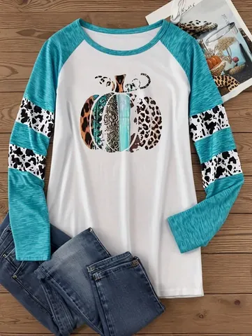 Women Pumpkin Print Raglan Long Sleeve T-Shirt Patchwork Color Block Round Neck Casual Fall Top For Halloween