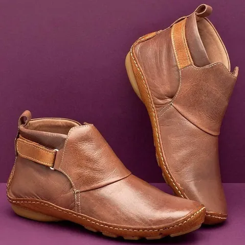 Women Retro PU Leather Ankle Boots Autumn Winter Flat Martin Boots Hook and Loop Comfortable Short Boots plus size footwear