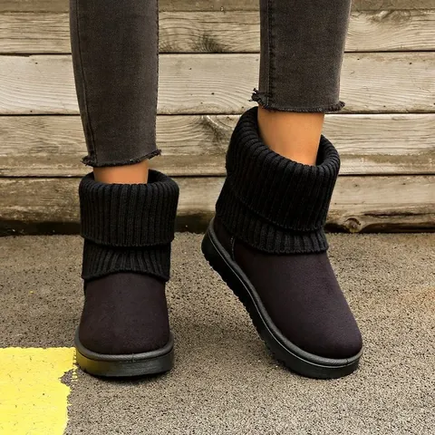 Women's Suede Snow Boots Faux Fur Lined Thick Sole Knit Cuff Warm Mid-Calf Winter Boots Solid Color Daily Footwear