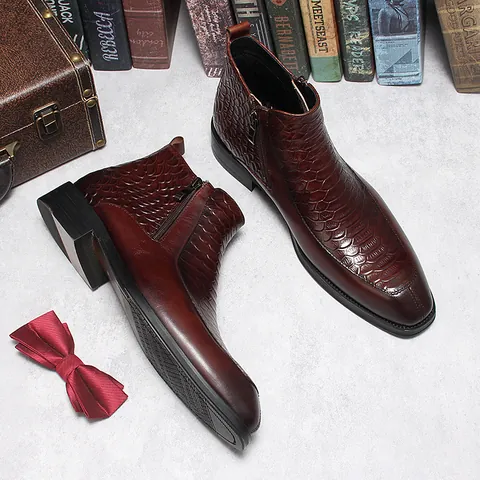 Men Retro Crocodile Pattern Embossed First Layer Cowhide Knight Boots British Style Double Zip Mid-Top Leather Boots Casual Shoes