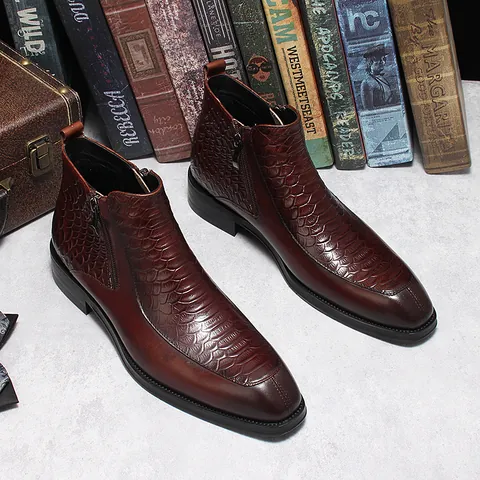 Men Retro Crocodile Pattern Embossed First Layer Cowhide Knight Boots British Style Double Zip Mid-Top Leather Boots Casual Shoes