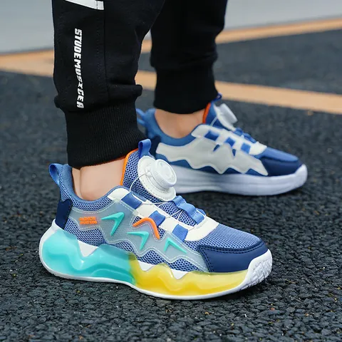 Kids Basketball Shoes Mesh Breathable Sneakers With Rotating Buckle Closure Color Block Anti-slip Sports Shoes For Boys Girls