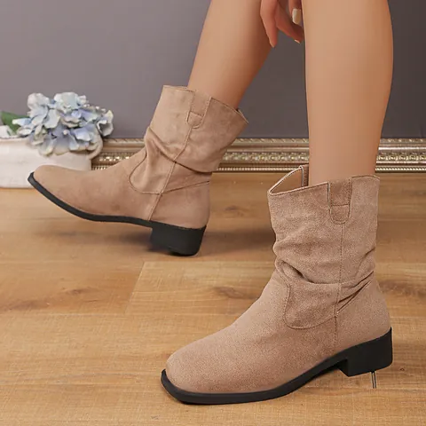 Women Vintage Western Cowboy Slouch Ankle Boots Faux Suede Solid Color Block Mid Heel Boots For Autumn Winter Daily Wear