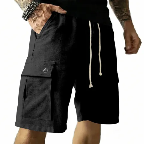 Men Casual Cargo Shorts Summer Linen Blend Slim Fit Drawstring Multi Pocket Work Shorts Solid Color Breathable Bottom