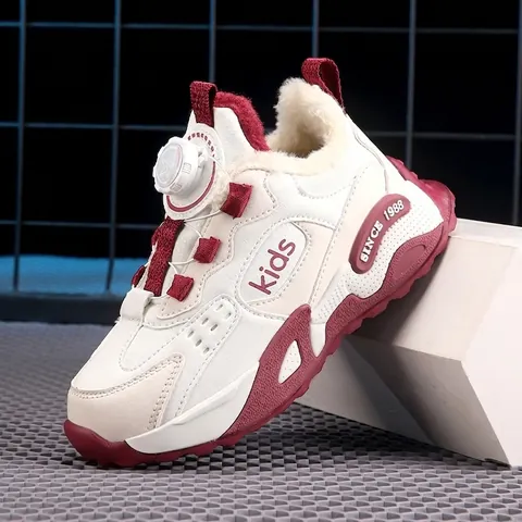 Kids Winter Sports Shoes Rotating Button Synthetic Leather Fleece Lined Warm Running Shoes For Boys Girls