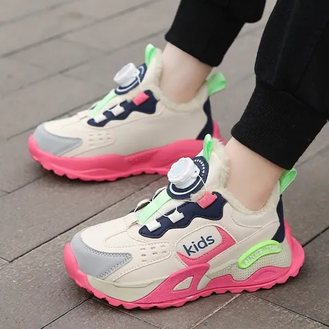 Kids Winter Sports Shoes Rotating Button Synthetic Leather Fleece Lined Warm Running Shoes For Boys Girls
