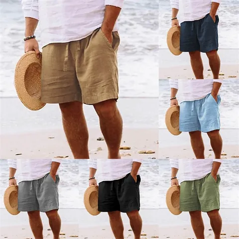 Short Décontracté en Coton pour Hommes Été Cordon de Serrage Taille Élastique Jambe Droite Ample Couleur Unie Respirant Plage