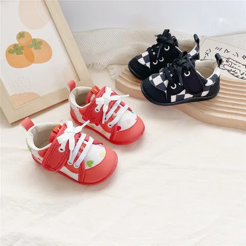 Baby Weiche Sohle Lauflernschuhe Japanischer Stil Segeltuch Kleinkind Gehschihe Schachbrett Herz Muster Klettverschluss Kinderschuhe