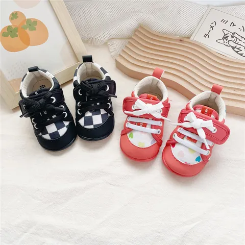 Baby Weiche Sohle Lauflernschuhe Japanischer Stil Segeltuch Kleinkind Gehschihe Schachbrett Herz Muster Klettverschluss Kinderschuhe
