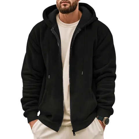 Men's Heavyweight Fleece Lined Zip Up Hoodie Waffle Texture Thermal Hooded Sweatshirt Casual Loose Fit Long Sleeve Jacket Top