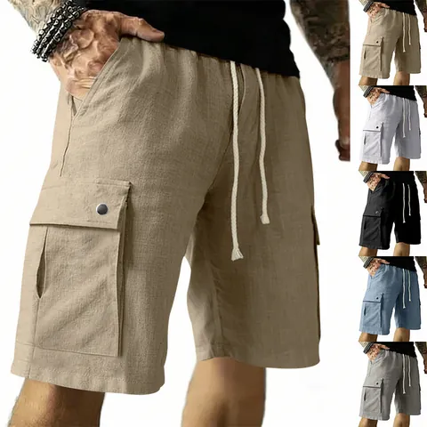 Men Casual Cargo Shorts Summer Linen Blend Slim Fit Drawstring Multi Pocket Work Shorts Solid Color Breathable Bottom