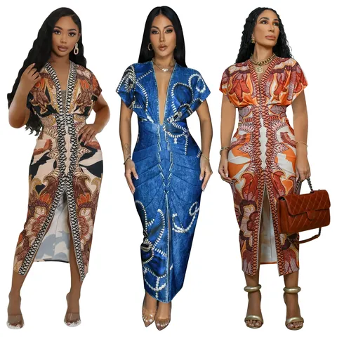 Women V-Neck Short Sleeve Bodycon Maxi Dress African Ethnic Pattern Printed Slit Slim Fit Sexy Party Dress Polyester Spandex