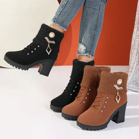 Women's Winter Martin Boots Suede Thickened Velvet Short Boots Fashion Thick High Heel Shoes Wool Knit Cuff Pearl Rhinestone Pendant Warm Booties