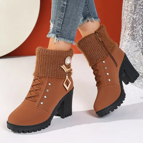 Women's Winter Martin Boots Suede Thickened Velvet Short Boots Fashion Thick High Heel Shoes Wool Knit Cuff Pearl Rhinestone Pendant Warm Booties