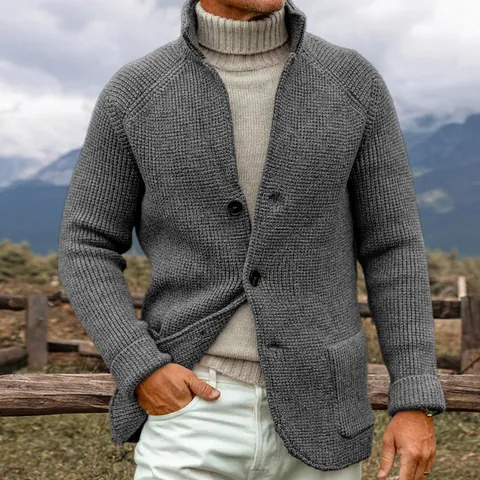 Men's Blazer Collar Knit Cardigan Waffle Texture Single Breasted Sweater Jacket Casual Plus Size Winter Warm Long Sleeve Top