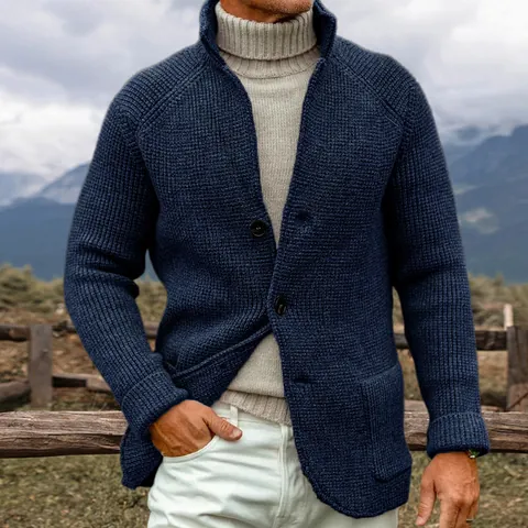 Men's Blazer Collar Knit Cardigan Waffle Texture Single Breasted Sweater Jacket Casual Plus Size Winter Warm Long Sleeve Top