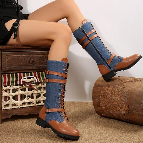 Γυναικείες Μπότες Ιππασίας Western Denim PU Patchwork Στρογγυλή Μύτη Κορδόνια Πλευρικό Φερμουάρ Μπότες ως το Γόνατο