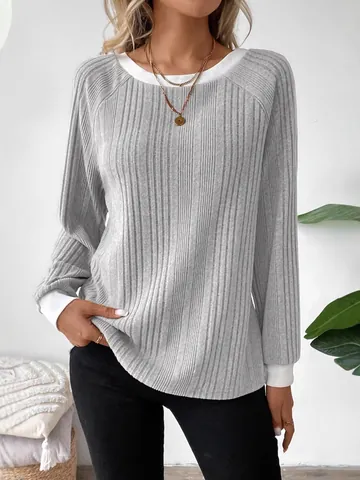 Women Long Sleeve Ribbed Knit Sweater Casual Contrast Trim Round Neck Pullover Top Polyester Solid Color Chic Fashion Knitwear