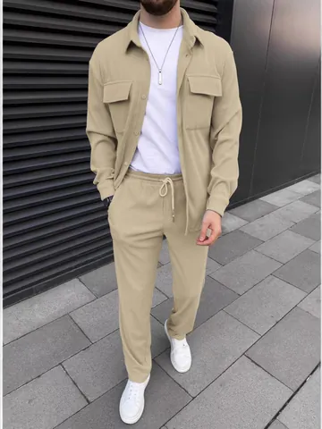 Heren Casual Corduroy Lange Mouw Revers Overhemd En Broek Top And Bottom Set Effen Kleur Mode Dagelijks Outfit