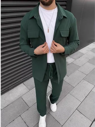 Heren Casual Corduroy Lange Mouw Revers Overhemd En Broek Top And Bottom Set Effen Kleur Mode Dagelijks Outfit
