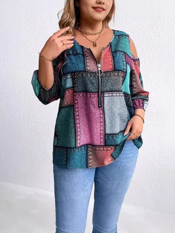 Damen Übergröße Cold Shoulder Reißverschluss V-Ausschnitt Top Patchwork Karo Druck Langarm Lässiges Lockeres T-Shirt Mode Bluse