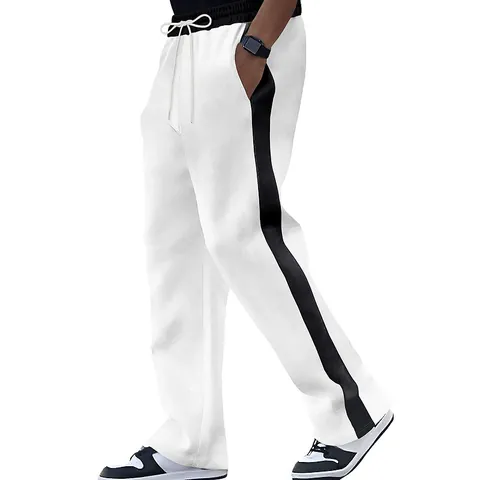 Men Heavyweight American Style Drawstring Sweatpants Loose Straight Leg Contrast Side Stripe Athletic Polyester Bottoms
