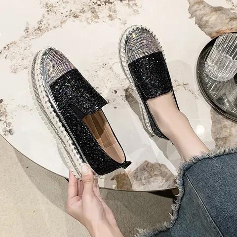 Mocassini da Donna con Plateau e Paillettes in Strass Stile Coreano Scarpe Casual con Suola Spessa per Studenti Quotidiane