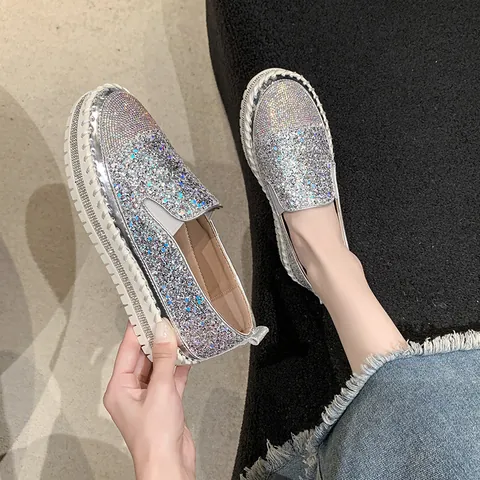 Mocassini da Donna con Plateau e Paillettes in Strass Stile Coreano Scarpe Casual con Suola Spessa per Studenti Quotidiane