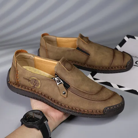 Herren Casual Mikrofaser Leder Slipper Stilvolles Reißverschluss-Detail Handgenähte Autofahrer-Schuhe Atmungsaktive Flache Schuhe