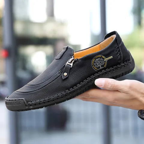 Herren Casual Mikrofaser Leder Slipper Stilvolles Reißverschluss-Detail Handgenähte Autofahrer-Schuhe Atmungsaktive Flache Schuhe