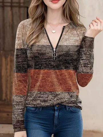 Top Informal de Poliéster para Mujer de Manga Larga con Cuello Polo y Cremallera Degradado Geométrico Patchwork Camiseta
