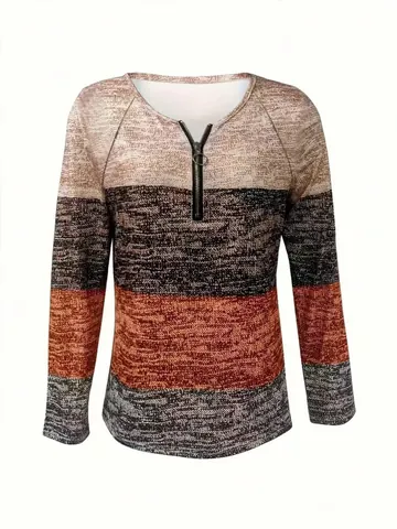 Top Informal de Poliéster para Mujer de Manga Larga con Cuello Polo y Cremallera Degradado Geométrico Patchwork Camiseta