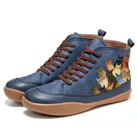 Women Retro Color Block Martin Boots Cat Printed PU Leather Lace Up High Top Casual Flat Ankle Boots Autumn Winter Shoes