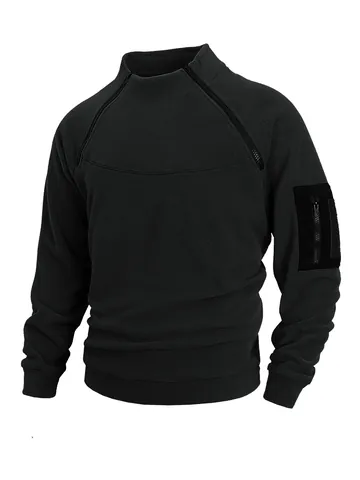 Men's Slim Fit Polar Fleece Sweatshirt Tactical Stand Collar Double Zipper Outdoor Warm Pullover Casual Long Sleeve Top