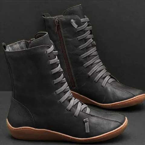 Women Casual Lace-Up Martin Boots Retro PU Leather Flat Heel Side Zipper Ankle Boots Solid Color Warm Shoes For Autumn Winter
