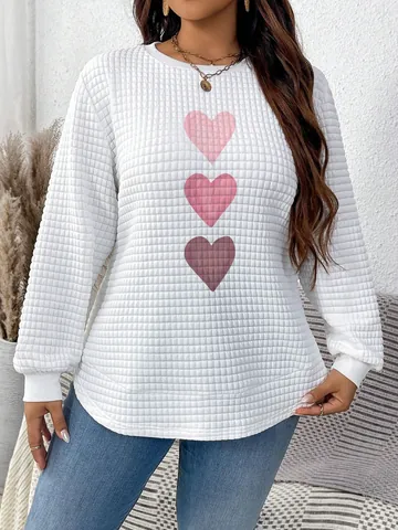 Women Waffle Texture Heart Print Pullover Sweatshirt Round Neck Long Sleeve Casual Top Arc Hem Knitted Sweatshirt