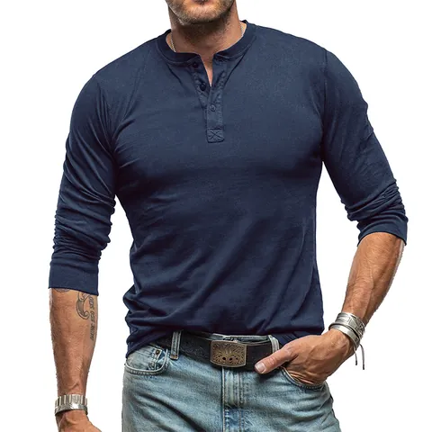 Men Long Sleeve Henley Shirt 100% Cotton Solid Color Round Neck Button Pullover Slim Fit Casual T-Shirt Top For Spring Autumn