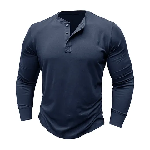 Men Long Sleeve Henley Shirt 100% Cotton Solid Color Round Neck Button Pullover Slim Fit Casual T-Shirt Top For Spring Autumn