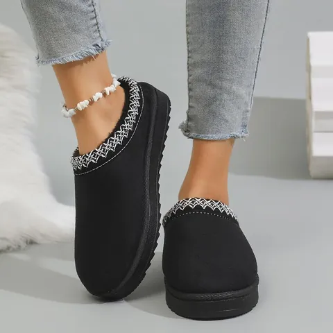 Women Snow Boots Thick Sole Warm Fleece Lined PU Winter Short Boots With Embroidered Lace Trim Slip-on Shoes
