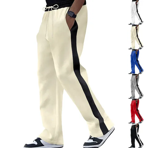 Men Heavyweight American Style Drawstring Sweatpants Loose Straight Leg Contrast Side Stripe Athletic Polyester Bottoms